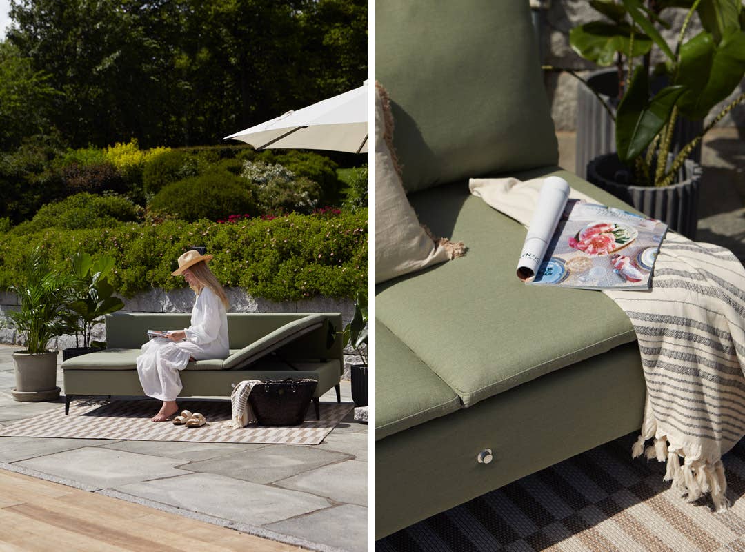 Connie utesofa har innebygget solseng, noe som gjør at du både får maksimalt ut av plassen – og ikke minst maksimal komfort! 