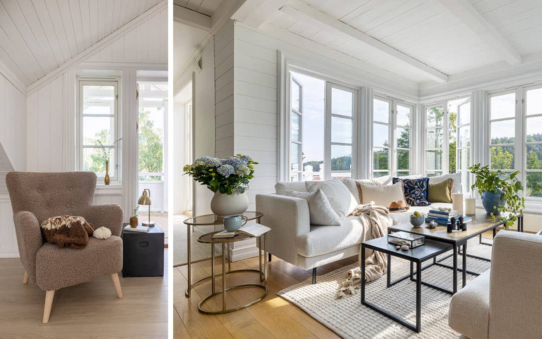 Lyse og lette møbler kombinert med store vinduer på alle kanter gjør alle rommene på Åroshytta behagelige og innbydende å være i.